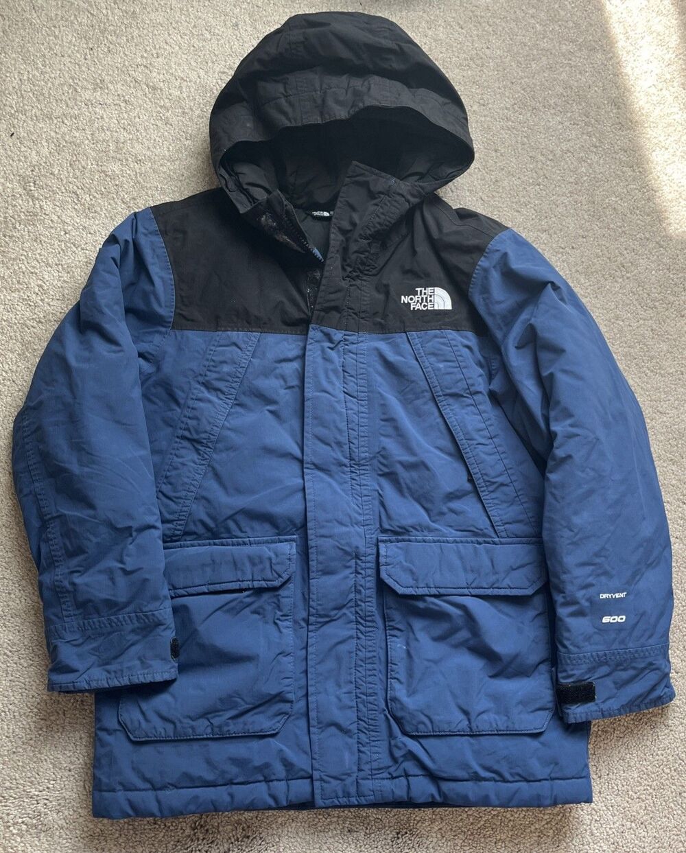 North Face McMurdo Down Jacket Boys Large 12 Navy Black Dryvent 600 Hooded Thick